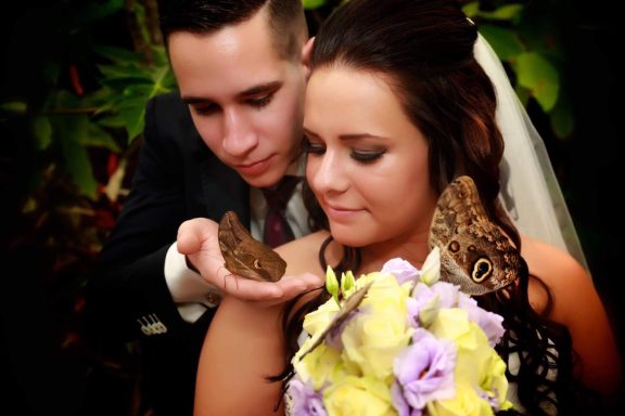 Een man in pak houdt een vlinder vast terwijl een vrouw met bloemen erbij kijkt.